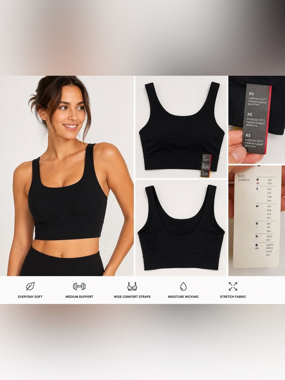 NWT All in Motion Everyday Soft Sports Bra XS Black Medium Support Athleisure